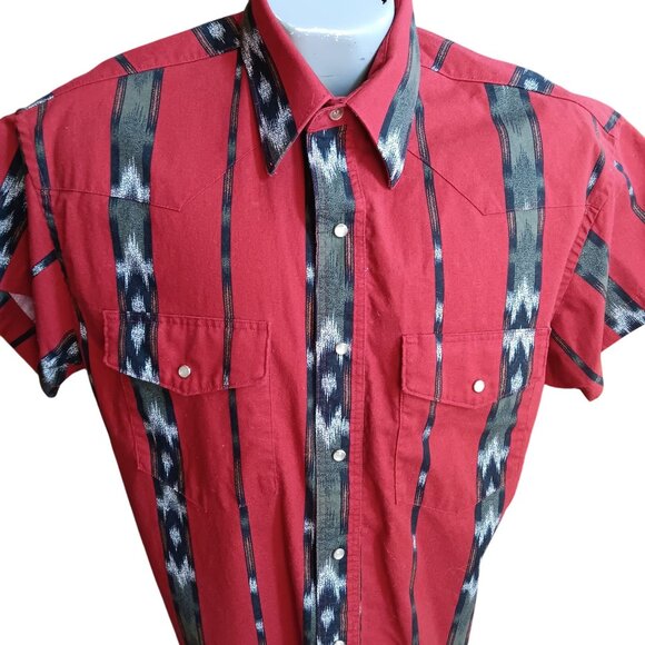 Large Vintage 90's Wrangler Western Shirt Red Stripe Ikat Print Cowboy Honduras - Picture 1 of 7